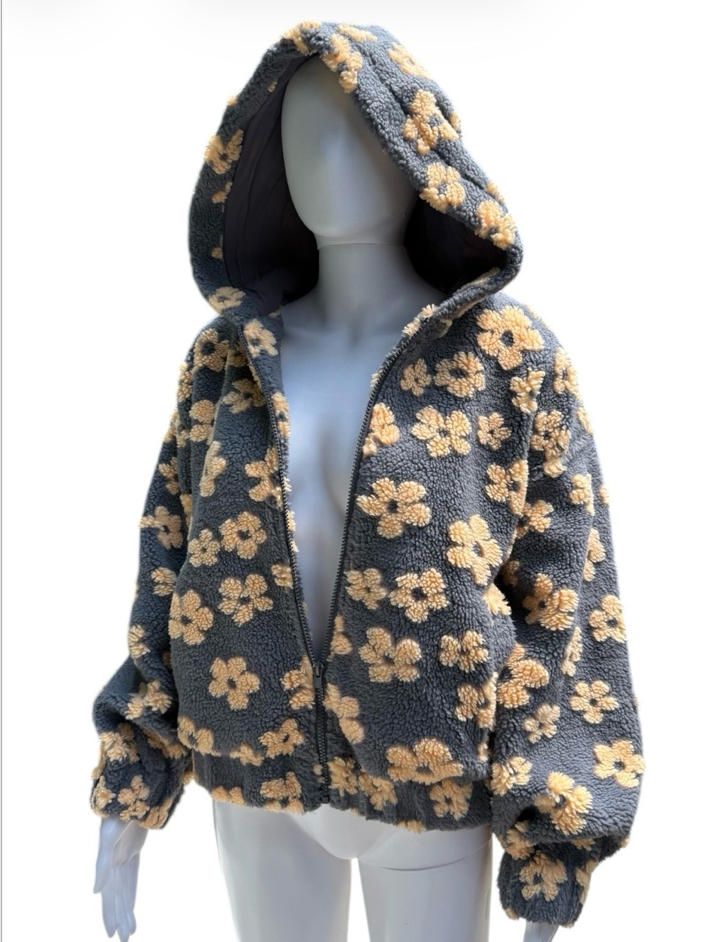 Easel Floral Teddy Jacket Size Small Women’s Full Zip Sherpa Loose Fit Hood